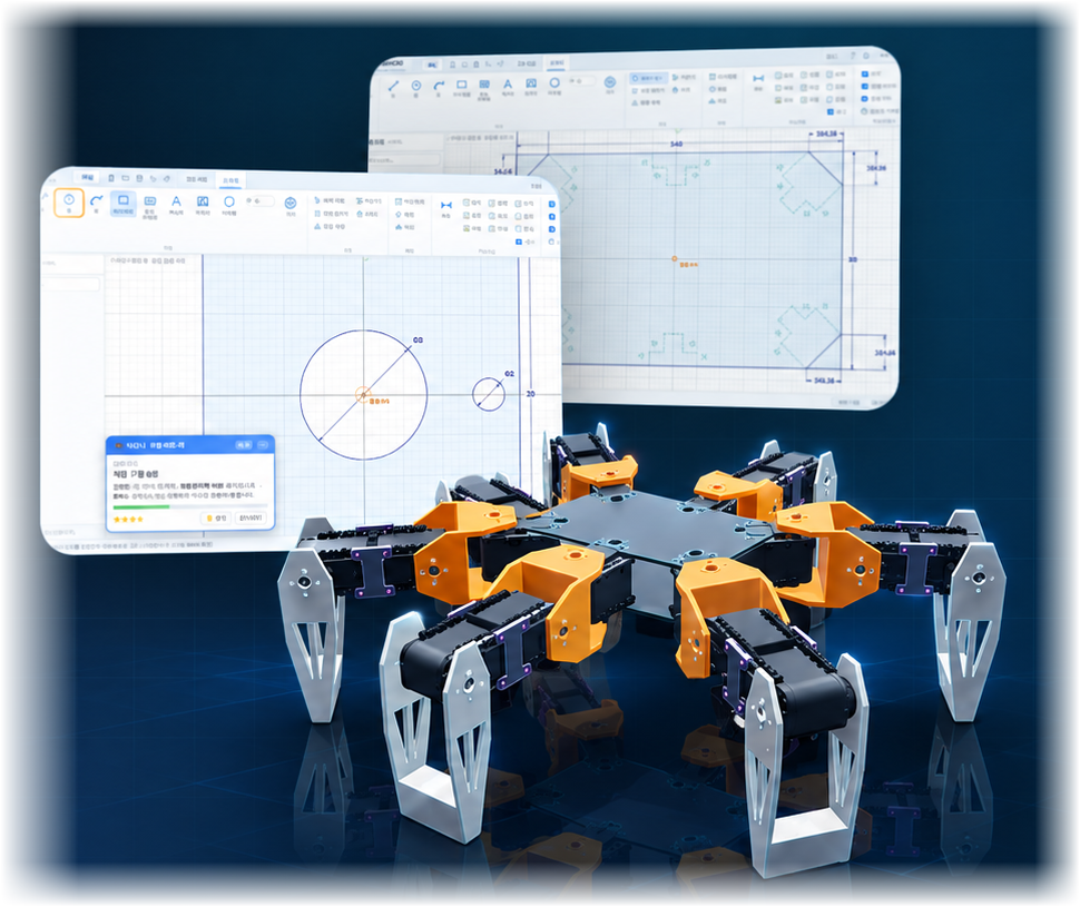 MakerCAD 메인 비주얼: 6족보행로봇과 설계 화면